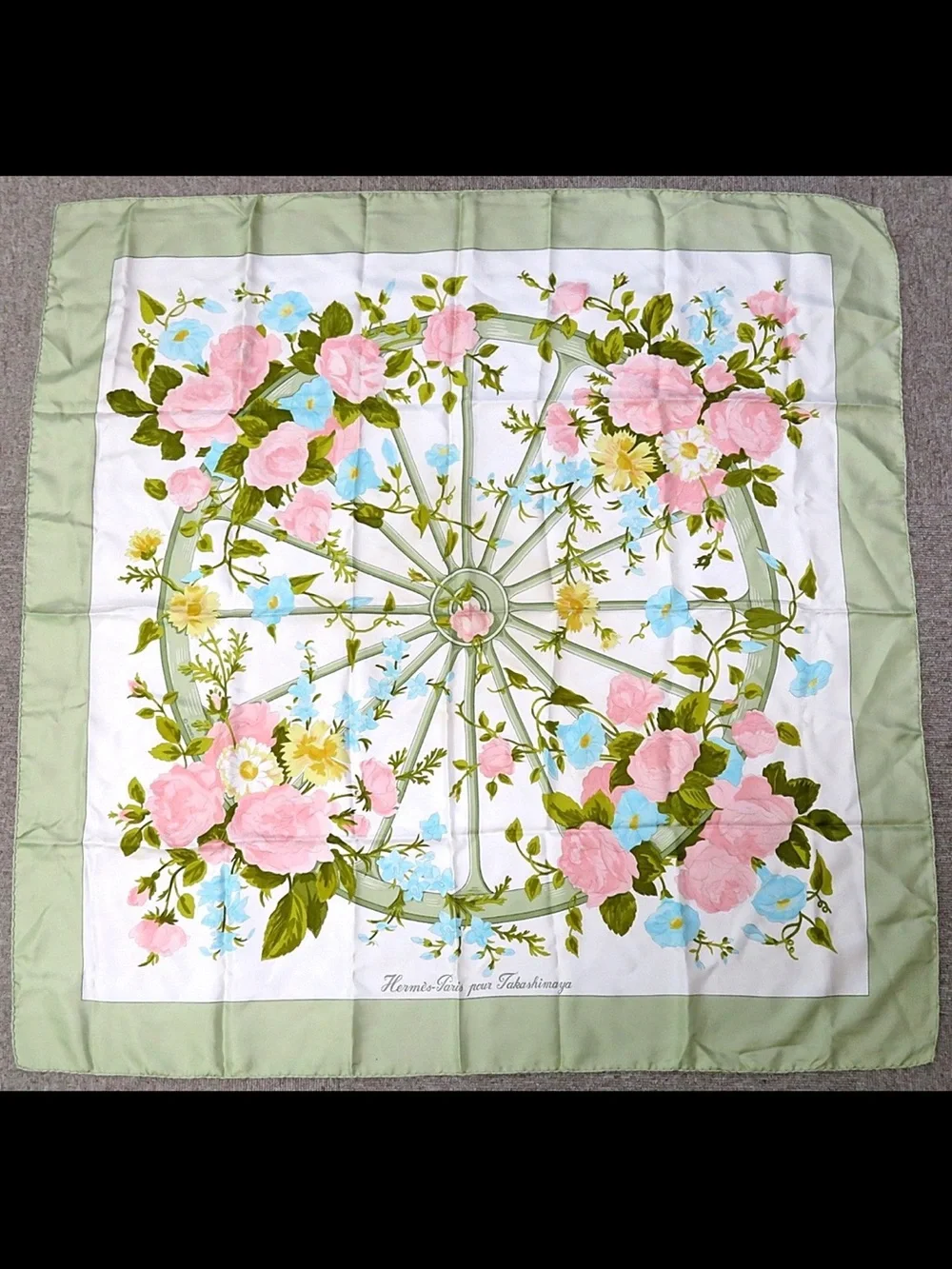 Hermes Pastel Floral Wheel Silk Scarf in Green, Pink and Blue